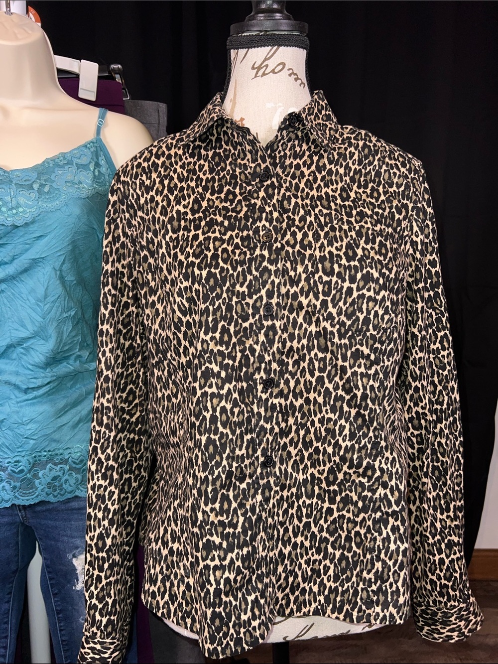 Jones New York Leopard Print Button-Up Blouse - Black & Tan